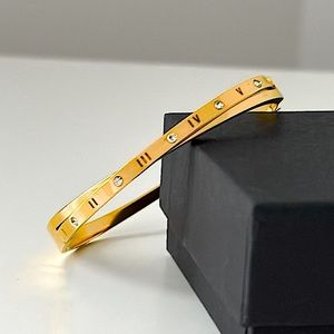 Gold Diamond Bangle Twist Roman Numeral Simulated
